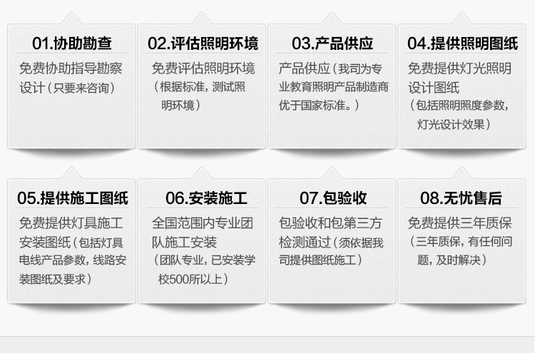 我司提供一站式教育照明解決方案:1、免費(fèi)協(xié)助指導(dǎo)勘察設(shè)計(jì)(只要來(lái)咨詢(xún))2、免費(fèi)評(píng)估照明環(huán)境(根據(jù)標(biāo)準(zhǔn),測(cè)試照明環(huán)境)3、產(chǎn)品供應(yīng)(我司為專(zhuān)業(yè)教育照明產(chǎn)品制造商,優(yōu)于國(guó)家標(biāo)準(zhǔn)。)4、免費(fèi)提供燈光照明設(shè)計(jì)圖紙(包括照明照度參數(shù),燈光設(shè)計(jì)效果)5、免費(fèi)提供燈具施工安裝圖紙(包括燈具/電線產(chǎn)品參數(shù),線路安裝圖紙及要求)6、全國(guó)范圍內(nèi)專(zhuān)業(yè)團(tuán)隊(duì)施工安裝(團(tuán)隊(duì)專(zhuān)業(yè),已安裝學(xué)校500所以上)7、包驗(yàn)收和包第三方檢測(cè)通過(guò)(須依據(jù)我司提供圖紙施工)8、免費(fèi)提供三年質(zhì)保(三年質(zhì)保,有任何問(wèn)題,及時(shí)解決)